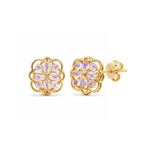 Pendientes Minimalistas Florales de Plata de Ley 925 con Tanzanita Ovalada Cabujón y Diseño de Flor de Dogwood de Ishime Jewels, Bañados en Oro y Rodio, Ideales para Fiestas - Product Image 1