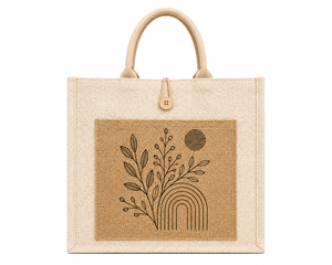 Bolsa de Yute Laminada Personalizada AMANI con Bolsillo Frontal y Cierre de Botón, Tamaño Mediano, Ecológica, Reutilizable, para Compras y Promociones - Product Image 1
