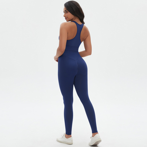 Ensemble de yoga 2 pièces sans coutures avec short et haut dos nu, taille haute, bleu marine uni, extensible dans les quatre sens, en Spandex et Polyester, infroissable, coupe haute à l'avant - Product Image 3