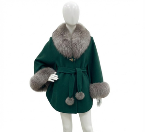 Women Green Wool Blend <b>Coat</b> with Faux Fur Collar Cuffs Belted Winter Fashion Warm Elegant Ladies Overcoat OEM Wholesale Boutique - Product Image 1