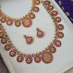 South Indian Lakshmi Coin Semi Bridal <b>Wedding</b> <b>Necklace</b> <b>Set</b>-Alloy Gold Plated Designer Fine Jewelry with Zircon Earrings - Product Image 4