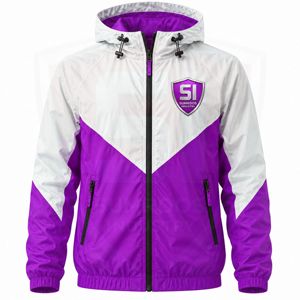 Chaqueta cortavientos unisex con capucha, color morado y blanco, a prueba de viento, para exteriores, con cremallera deportiva, personalizable de fábrica. - Product Image 1