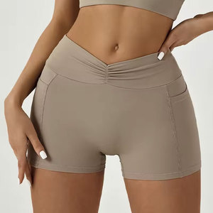 Shorts de sport taille haute couleur unie avec poches, taille élastique, en toile de coton mélangé, séchage rapide, coupe ample, décontracté, pour femme, tenue de fitness - Product Image 1