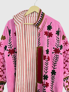 Chaqueta de Terciopelo para Mujer Talla Grande, Cuello Mao, Manga Larga, Bordado Floral a Mano, Abrigo Largo para Primavera - Product Image 6