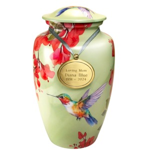 Urna Funeraria Blanca con Diseño de Colibrí en la Naturaleza, con Capacidad de 200 Pulgadas Cúbicas - Product Image 1