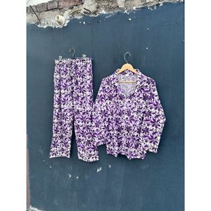 Conjunto de pijama de algodón con estampado floral, pijama de manga larga para mujer, pijama informal de corte holgado, ropa de dormir de dos piezas de longitud completa - Product Image 2