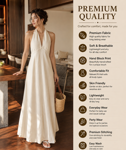 Robe longue élégante pour femme, style bohème, 100 % coton, col halter, col en V, sans manches, unie, coupe trapèze, confortable pour les vacances - Product Image 3