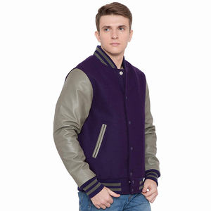 Veste de sport pour homme en violet avec manches en cuir PU gris, col rabattu, fermeture à boutons, couleur unie, vêtement décontracté pour l'automne - Product Image 1