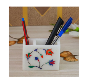 Best Quality <b>White</b> Marble <b>Pen</b> Holder With Flower Inlay Design For <b>Pens</b> And Markers Stationary Storage Crafts - Product Image 2