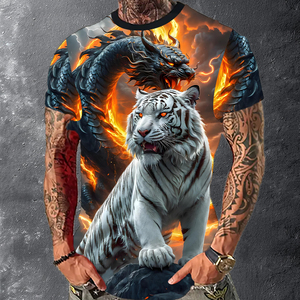 T-shirt de sublimation 3D Tigre Blanc et Dragon de Feu - Streetwear graphique animaux mythiques - T-shirt décontracté fantaisie artistique pour homme - Product Image 4