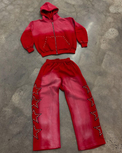 Men's Hooded Casual Solid Tracksuit Regular Fit Vintage Acid Wash Flared Sweats <b>Set</b> Rhinestone Cut and <b>Sew</b> Drawstring Sun Faded - Product Image 5