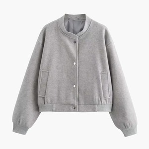 Women's Navy Blue Knitted Crop <b>Jacket</b> Full Sleeve O-Neck Button Closure Solid Color Contrast Trim Casual Outerwear - Product Image 4