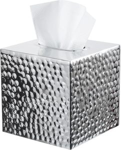 Modern Hammered Brass Tone Metal <b>Cube</b> Facial Tissue Box Cover with Open Bottom, Decorative Pebbled Texture Square - Product Image 4