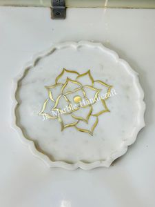 Round White Marble Decorative Plate With <b>Gold</b> Inlay Flower Design Hand painted Glam Style Wholesale Best Price - Product Image 3