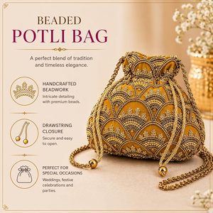 Pochette de mariée Arya Digital Luxury Potli pour femme, élégante, artisanale, indienne, avec imitation de perles Zari, dorée, pour mariage - Product Image 6