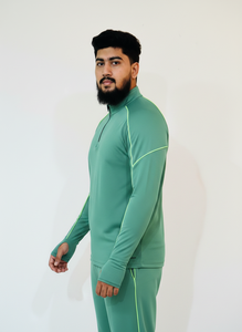 Haut de sport pour homme vert marine à demi-zip et manches longues avec surpiqûres contrastées, séchage rapide, performance optimale, coupe classique, toutes saisons - Product Image 3