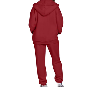 Chándal con capucha de color liso para mujer, cierre de cremallera completa, al por mayor, rojo, 100% algodón, material de peso medio, bolsillos laterales - Product Image 3