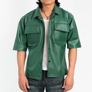 Chemise en cuir véritable pour homme à manches courtes avec logo personnalisé OEM, col rabattu, style streetwear hiver, poche en cuir - Product Image 1
