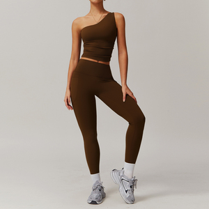 Ensembles de yoga durables pour femmes, toucher doux, coupe élégante, style de vie actif, asymétrique à une épaule, sans couture, en Spandex/Nylon, séchage rapide, taille haute - Product Image 3