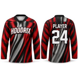 Camisetas de hockey sobre hielo personalizadas OEM con impresión por sublimación, tela de malla elástica y transpirable, diseño de apliques de sarga y detalles para el juego. - Product Image 1
