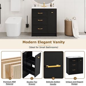 Classic 30\" Floor-Standing Bathroom Vanity Set with Three Drawers Including a Double-Layer One Long Gold Hand Design - Product Image 5