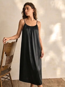 Elegant Black Satin 100% Silk V-neck Elastic Waist <b>Sleeveless</b> Nightgown Loose Fit Knee Length Solid Color Thermal Plus Size - Product Image 2