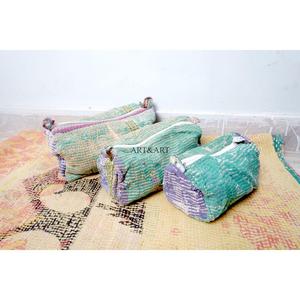 Indian kantha hand block print cotton cosmetic bag Makeup pouch set of three Accessory case Women's travel bag Handmade Kantha - Product Image 3