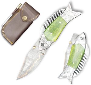 Personalized Hand Forged <b>Copper</b> Damascus Steel EDC Multi-Functional Hunting Camping Folding Pocket Knife Thumb <b>Knob</b> Green Resin - Product Image 1