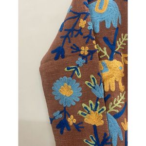 Elegant Embroidered Knitted <b>Velvet</b> Cotton <b>Jacket</b> <b>Women</b> Mandarin Collar Full Sleeve Autumn Floral Pattern Open Front Coat - Product Image 2
