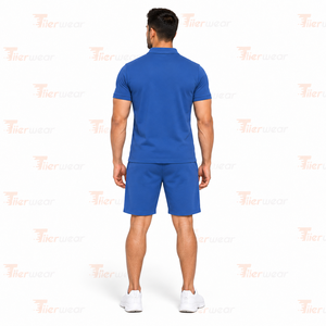 Men's Blue Cotton Polo Shirt & Shorts <b>Set</b> Solid Color Front Logo Breathable Summer Casual <b>Knitted</b> Fabric polo & Shorts <b>set</b> - Product Image 4