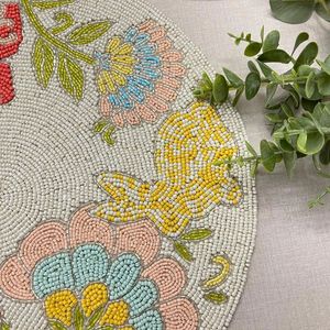 Handmade Beads <b>Table</b> Placemat Floral Bunny Design <b>Round</b> Bead Embroidery <b>Mat</b> Luxury Boho <b>Table</b> Decor Easter Spring HomeDecoration - Product Image 3