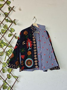Bohemian Navy Blue <b>Velvet</b> Suzani Embroidered <b>Jacket</b> with Soft Floral Pattern Full Sleeve Stand Collar <b>Women's</b> Winter Outerwear - Product Image 4