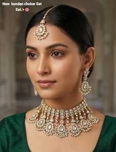 Luxury High Quality Vintage Alloy Gold Plated Pearl Kundan Choker Necklace <b>Set</b> Earrings Maang Tikka Engagement Anniversary - Product Image 2