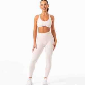 Women's <b>White</b> Deep V Neck Crisscross Strap Crop Top With High Waist Shorts <b>2</b> <b>Piece</b> Yoga Set Breathable Solid Color Seamless - Product Image 1