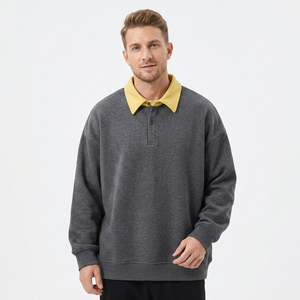 Sweat-shirt décontracté surdimensionné à manches longues pour homme, en molleton gris et jaune, anti-rétrécissement, en polyester, avec col boutonné - Product Image 2