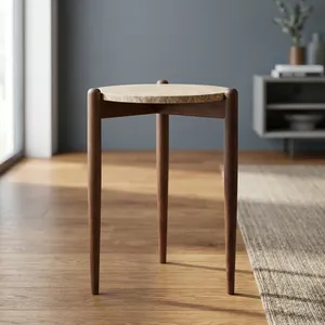 Modern Round Marble Top Side Table Midcentury Wood Base Handmade Living Room Furniture - Product Image 1