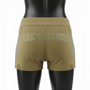 Shorts de Mujer de Alta Calidad, 260 GSM, Algodón y Spandex Elástico, Color Caqui, Panel con Llama, Logotipo con Pedrería Hotfix - Product Image 2