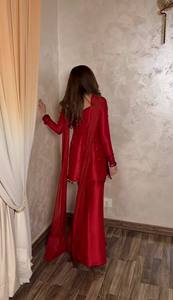 <b>Red</b> Women Indian Pakistani Suit Set Embroidered Crepe Kurta Palazzo Elegant Festive Outfit - Product Image 5