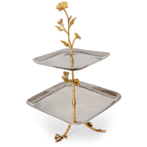 Support à gâteau à 2 étages de bonne qualité avec design floral et branche argentée, idéal pour les fêtes d'anniversaire - Product Image 2