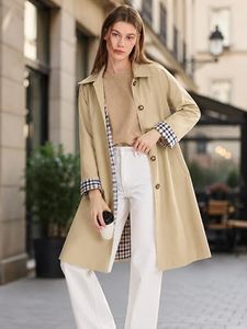 Manteau long élégant pour femme, beige uni, manches longues, col à revers, fermeture boutonnée, vêtement d'extérieur pour l'automne - Product Image 3