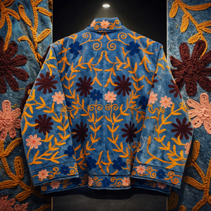 Chaqueta de terciopelo azul cobalto hecha a mano para mujer, con bordado floral elaborado, cuello alto, estilo boutique. - Product Image 6