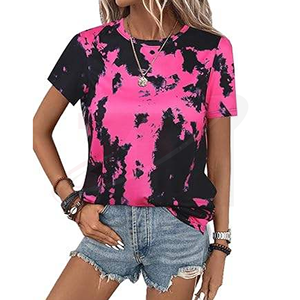 Camiseta de Manga Corta con Cuello Redondo y Estampado Tie Dye Rosa y Negro para Mujer, Estilo Casual Holgado de Tela Jersey para Primavera/Verano - Product Image 1