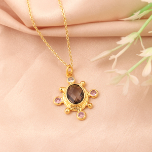 Minimalist jewelry necklace oval cut hydro quartz chalcedony gemstone pendant necklace 18k gold plated beaded designer necklace - Product Image 5