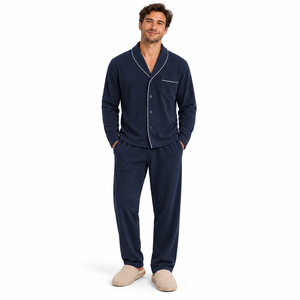 <b>Men</b> Luxury Breathable Cotton <b>Pajama</b> <b>Set</b> Long Sleeve Button Sleepwear Winter/Spring Warm Loungewear Matching Lounge Pants Navy - Product Image 1