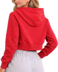 Sudadera con capucha corta con cremallera para mujer, color rojo, manga larga, estilo casual, ropa de calle, chaqueta deportiva, top de moda de invierno - Product Image 1