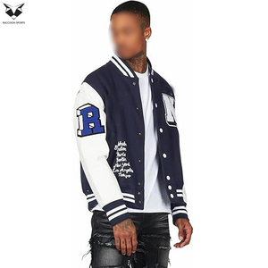 Navy Blue Varsity <b>Jacket</b> Men <b>White</b> Sleeve Letter Embroidery Bomber <b>Jacket</b> Streetwear Casual Slim Fit Baseball Coat - Product Image 3