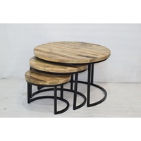 Ensemble de 3 tables basses gigognes vintage en bois de manguier massif, faites à la main, durables, légères, réglables en hauteur, polyvalentes, style industriel