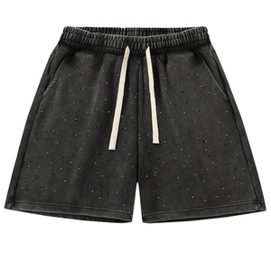 Shorts d'été pour hommes en coton délavé à l'acide, taille mi-haute, séchage rapide, style vintage streetwear, effet soleil délavé, imprimé, poche ornée de strass - Product Image 1