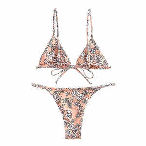 Women Floral Print Bikini Set Spandex Polyester Halter Lace Up Triangle Top <b>Thong</b> Bottom Regular Fit - Product Image 2