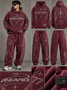 <b>Men's</b> <b>Burgundy</b> Washed Racing Tracksuit Set <b>Hoodie</b> Jogger Pants Graphic Streetwear Two Piece Matching Sweatshirt Custom ODM - Product Image 5